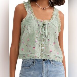 Green Floral Lace Trim Babydoll Tank Top Medium Boho Cottagecore Milkmaid